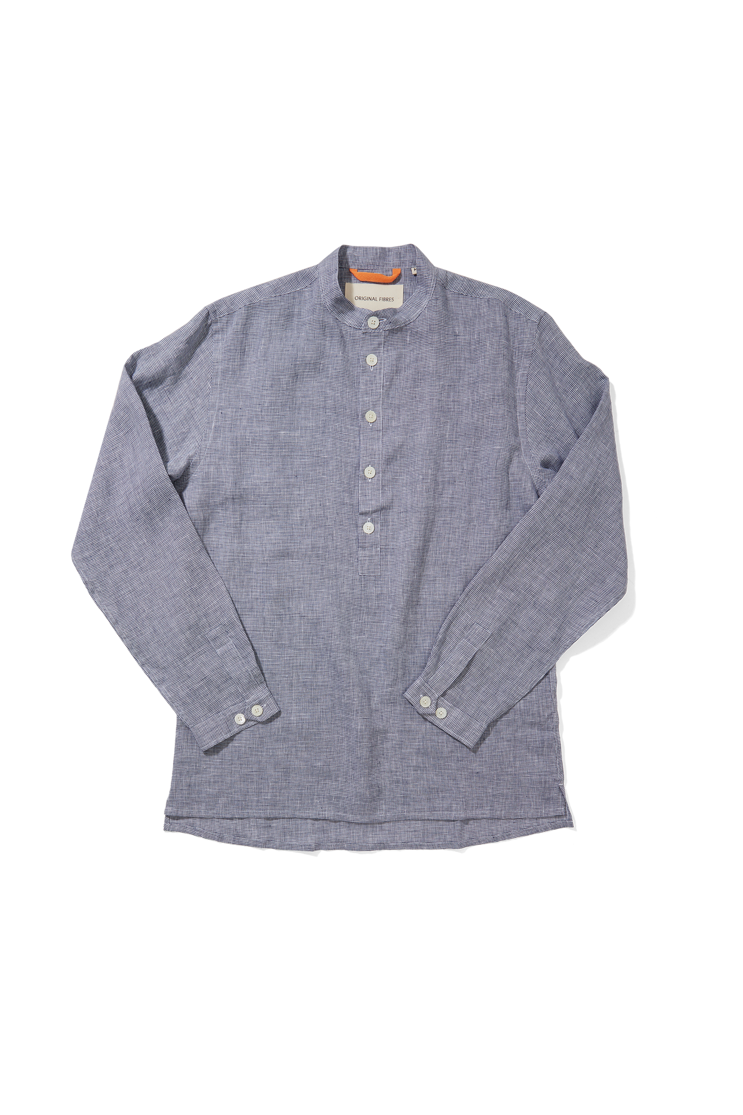 Medium Weight Linen Collarless Long Sleeve Smock Navy Crosshatch