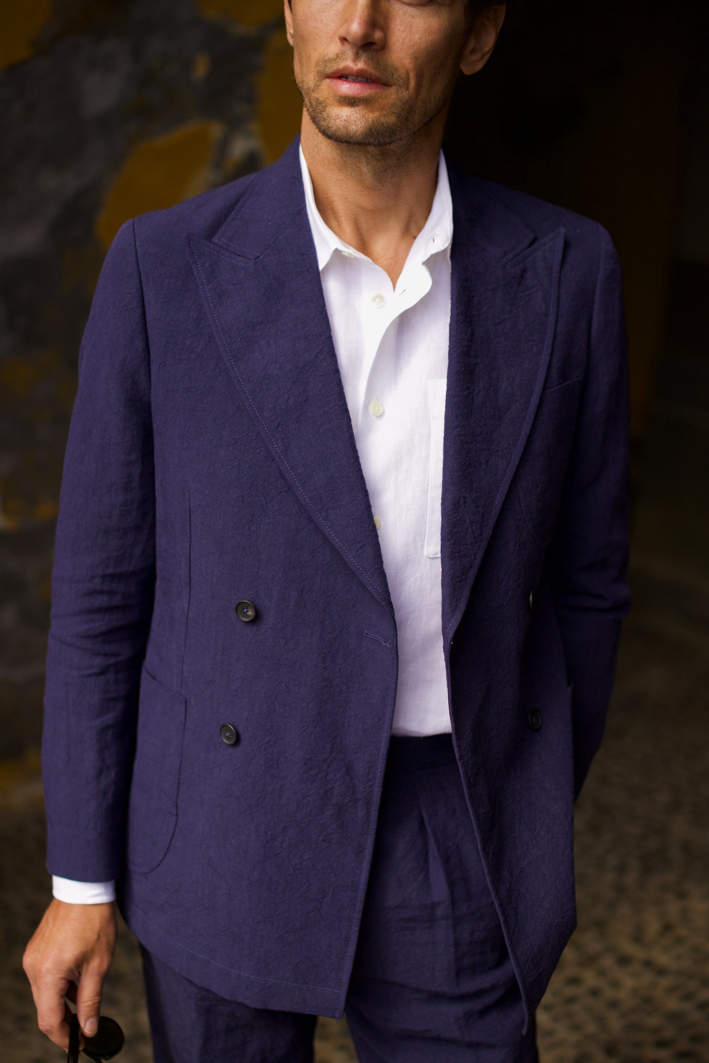 Laundered Linen DB Suit Jacket Navy Blue