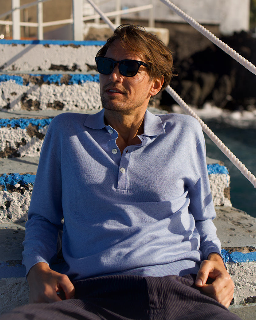 Merino Long Sleeved Polo Powder Blue