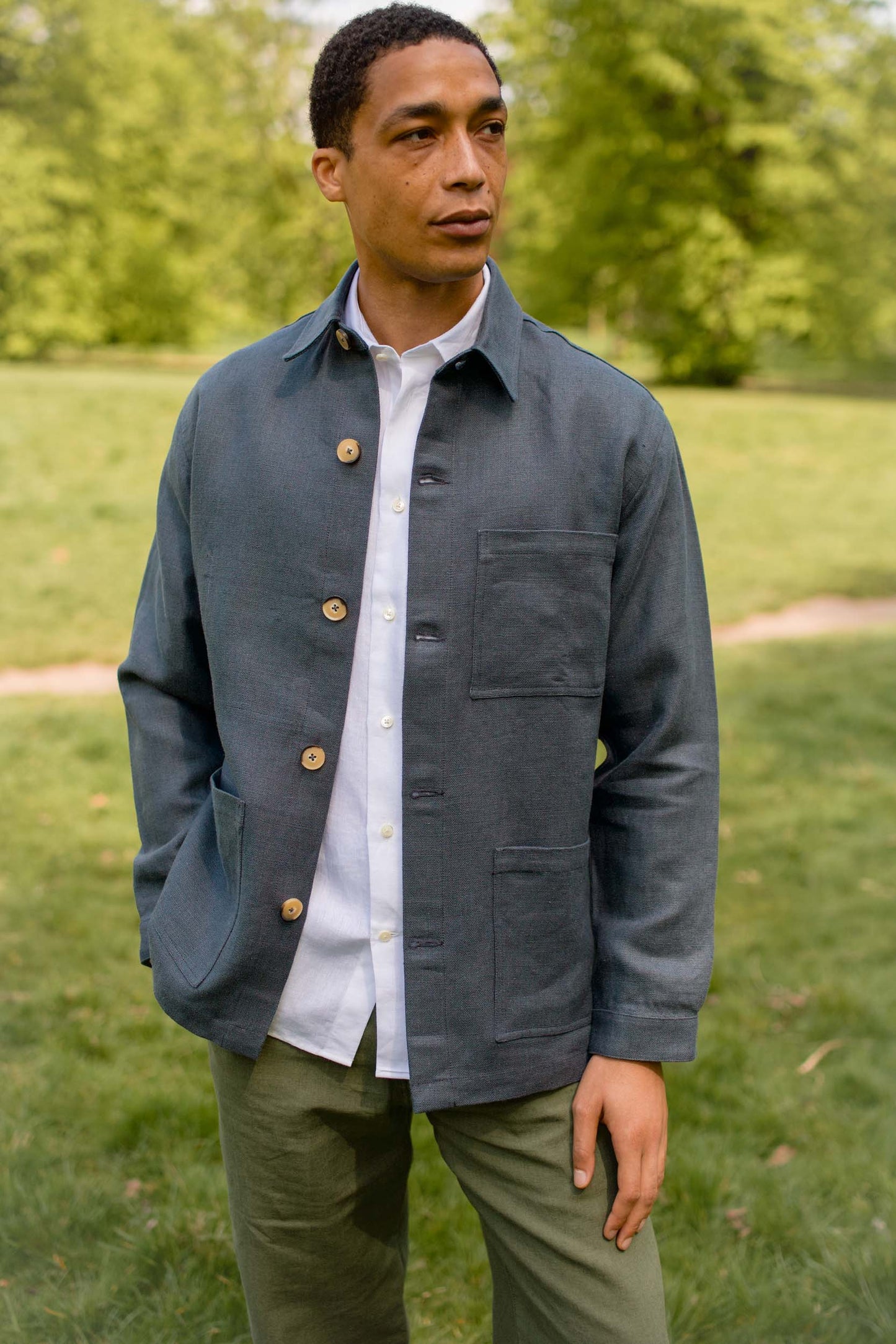 Midweight Linen Railway Jacket Charcoal Blue