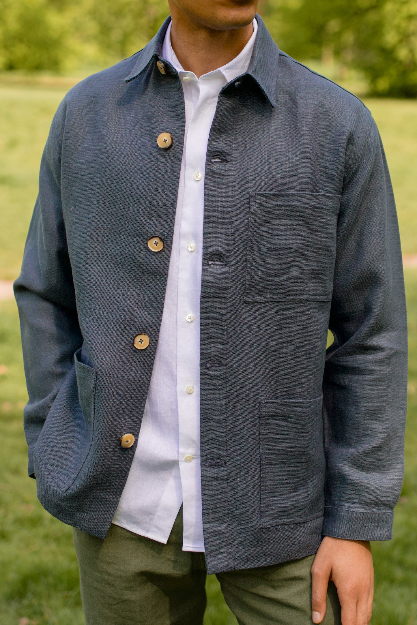Midweight Linen Railway Jacket Charcoal Blue