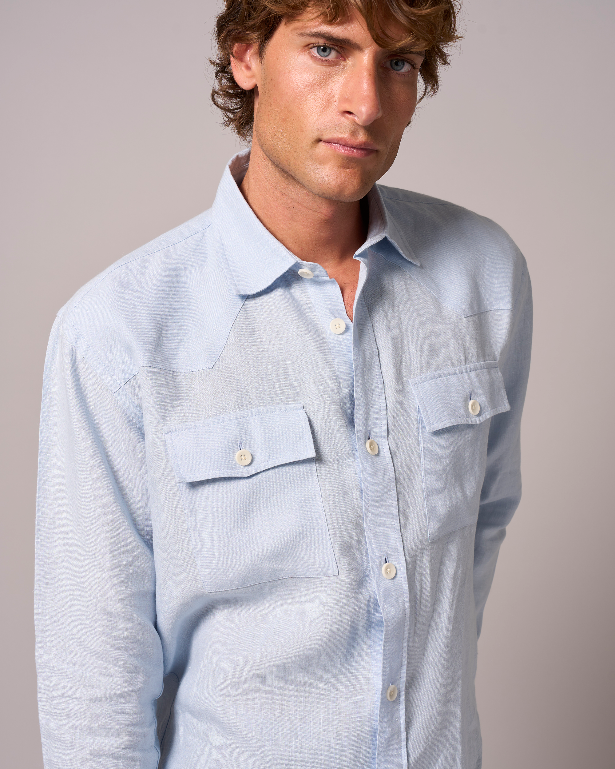 Linen Western Shirt Sky Blue