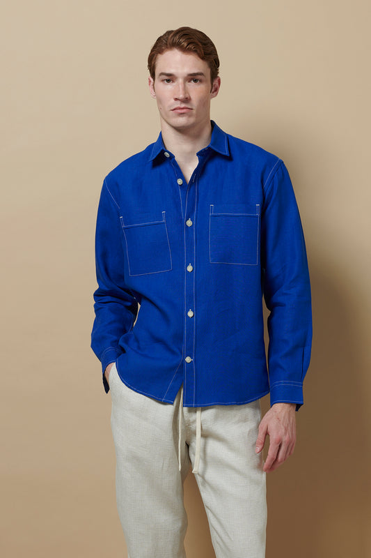 Linen Long Sleeve Utility Overshirt French Blue