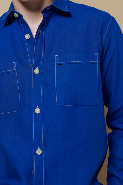 Linen Long Sleeve Utility Overshirt French Blue
