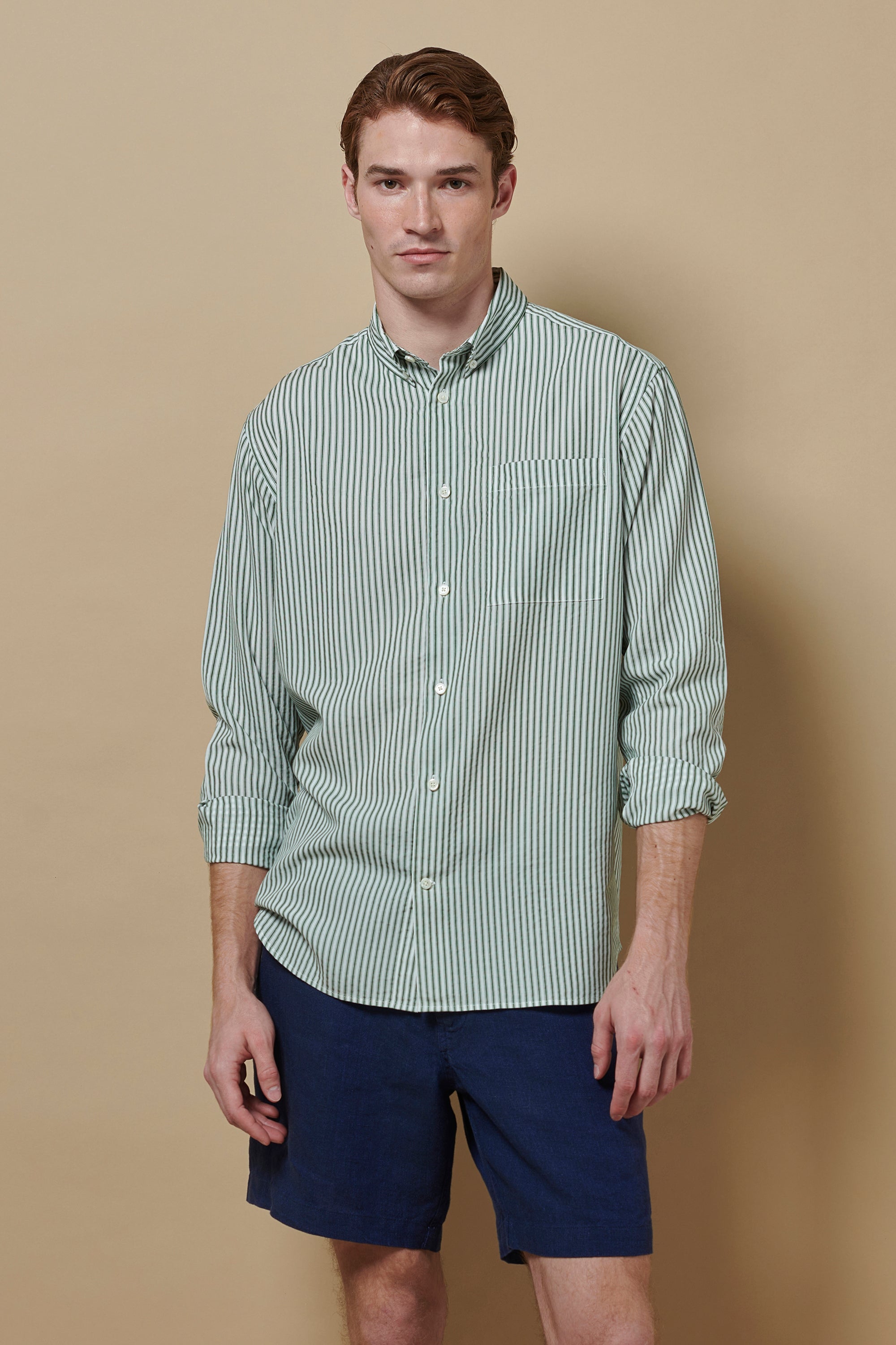 Tencel Button Down Signature Shirt Green Stripe