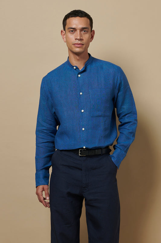 Linen Holiday Grandpa Shirt Blue Cross Yarn Dye