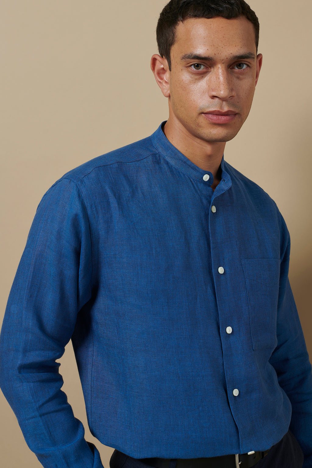 Linen Holiday Grandpa Shirt Blue Cross Yarn Dye