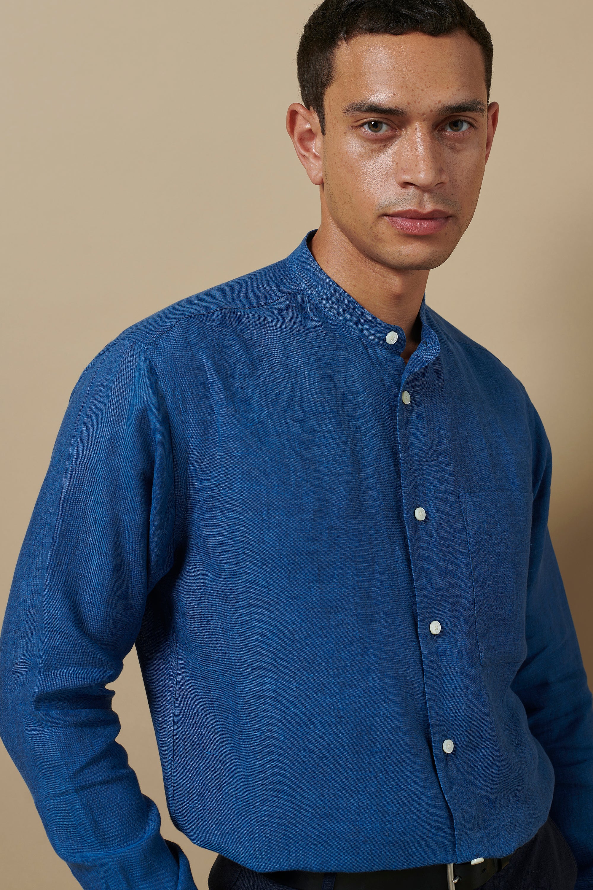 Linen Holiday Grandpa Shirt Blue Cross Yarn Dye