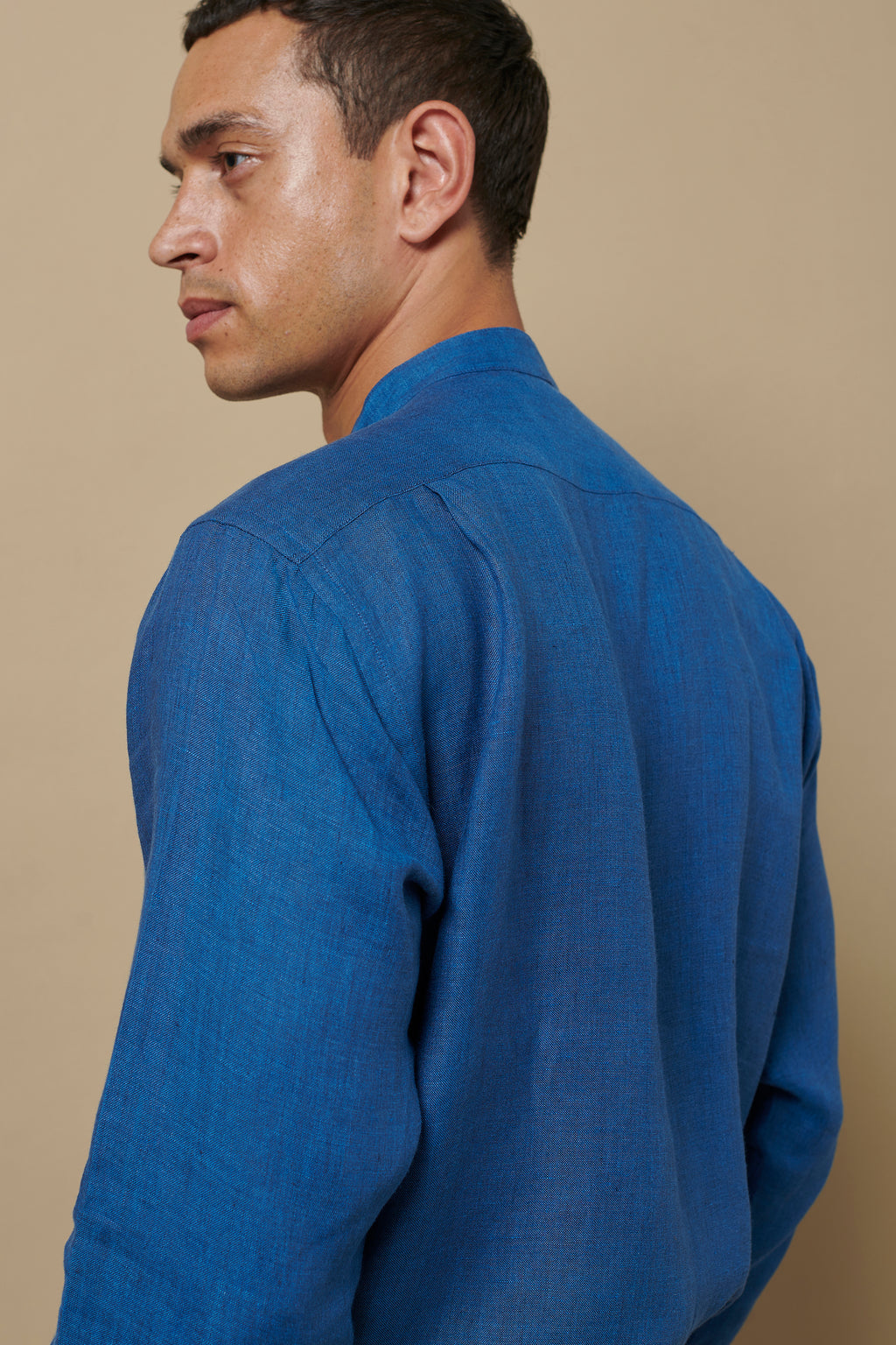 Linen Holiday Grandpa Shirt Blue Cross Yarn Dye
