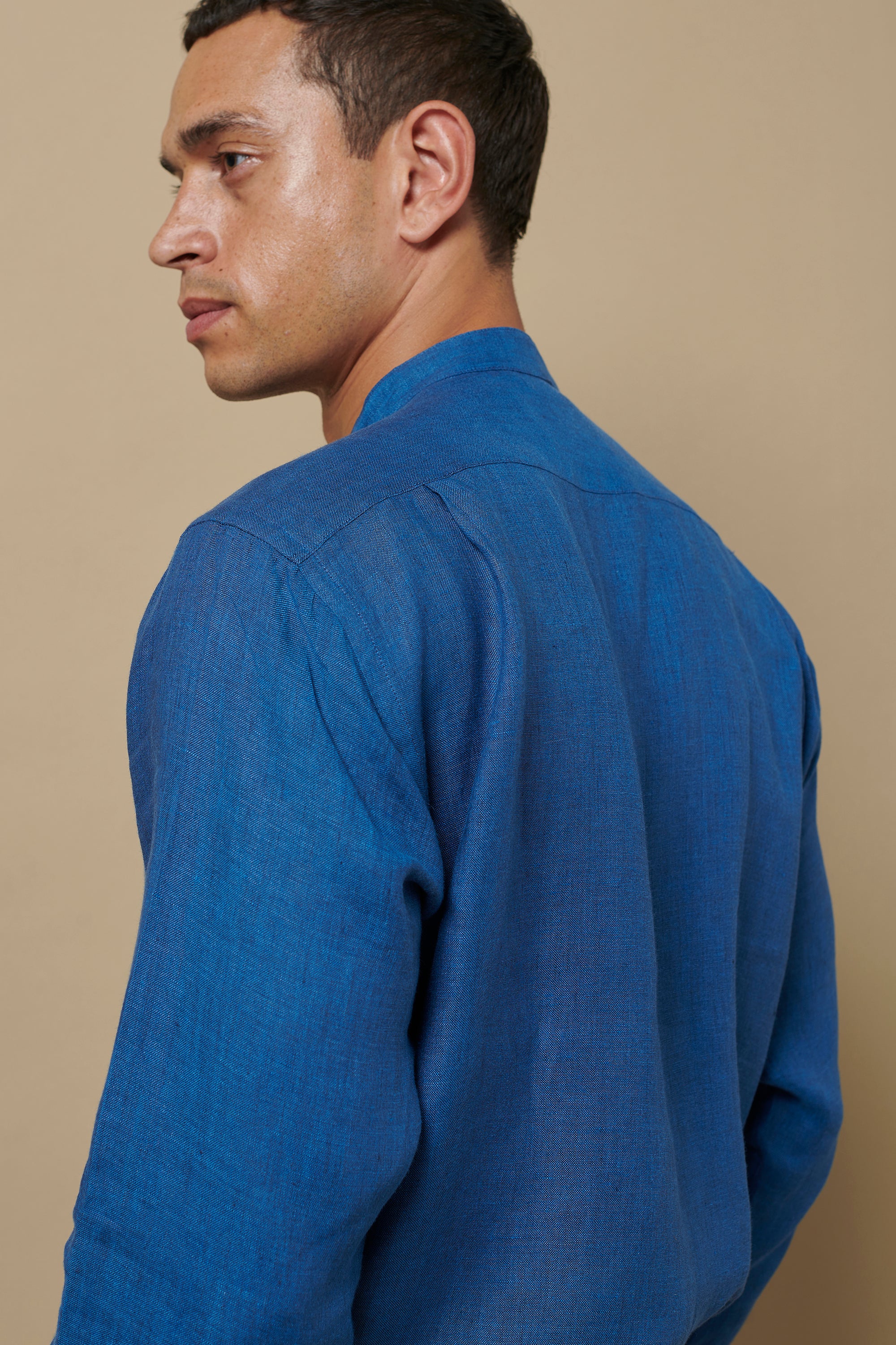 Linen Holiday Grandpa Shirt Blue Cross Yarn Dye