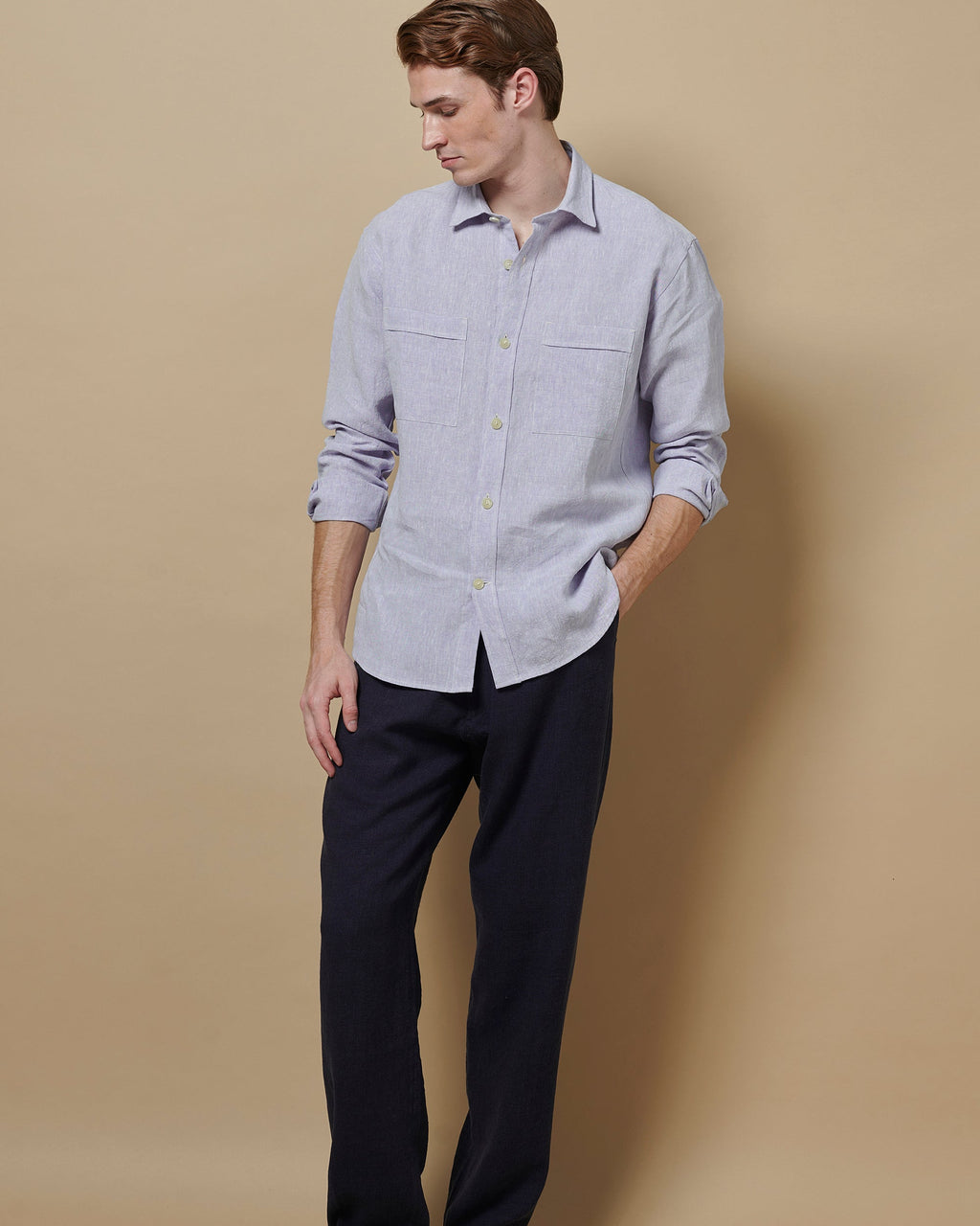 Linen Long Sleeve Utility Overshirt Thistle