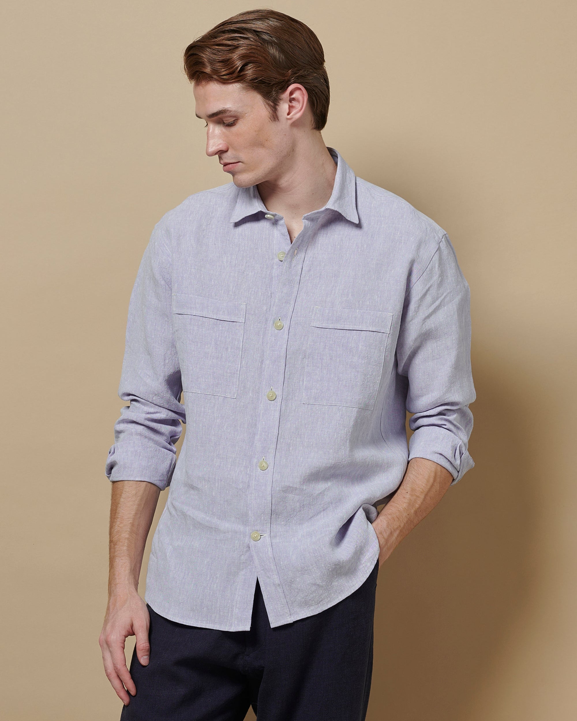 Linen Long Sleeve Utility Overshirt Thistle