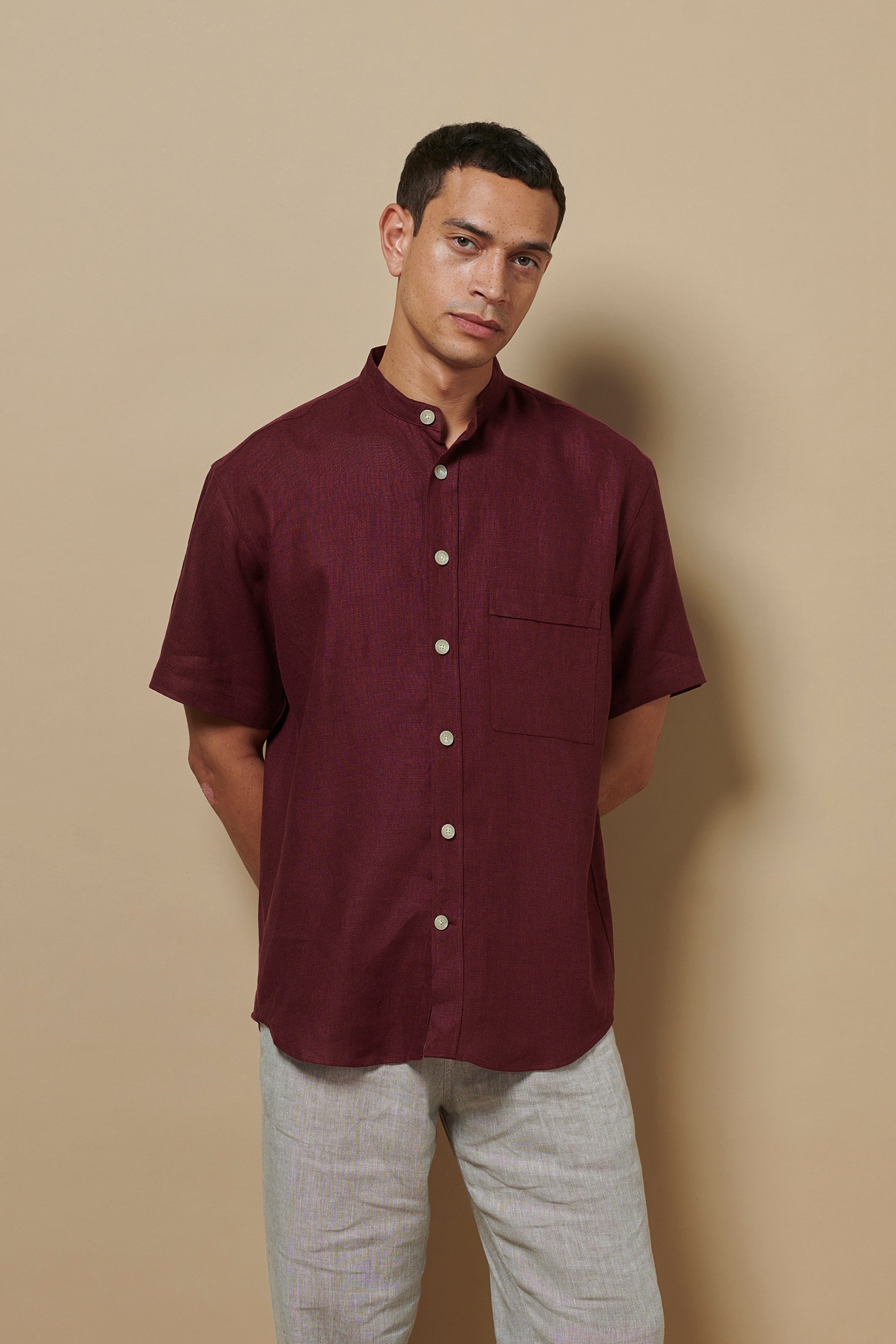 Linen Short Sleeve Utility Grandpa Wine Red