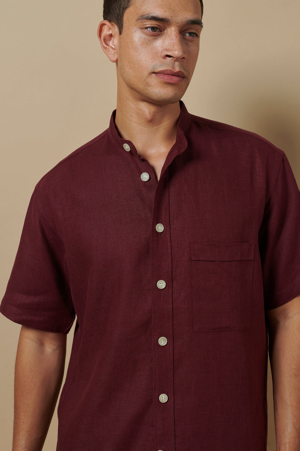 Linen Short Sleeve Utility Grandpa Wine Red
