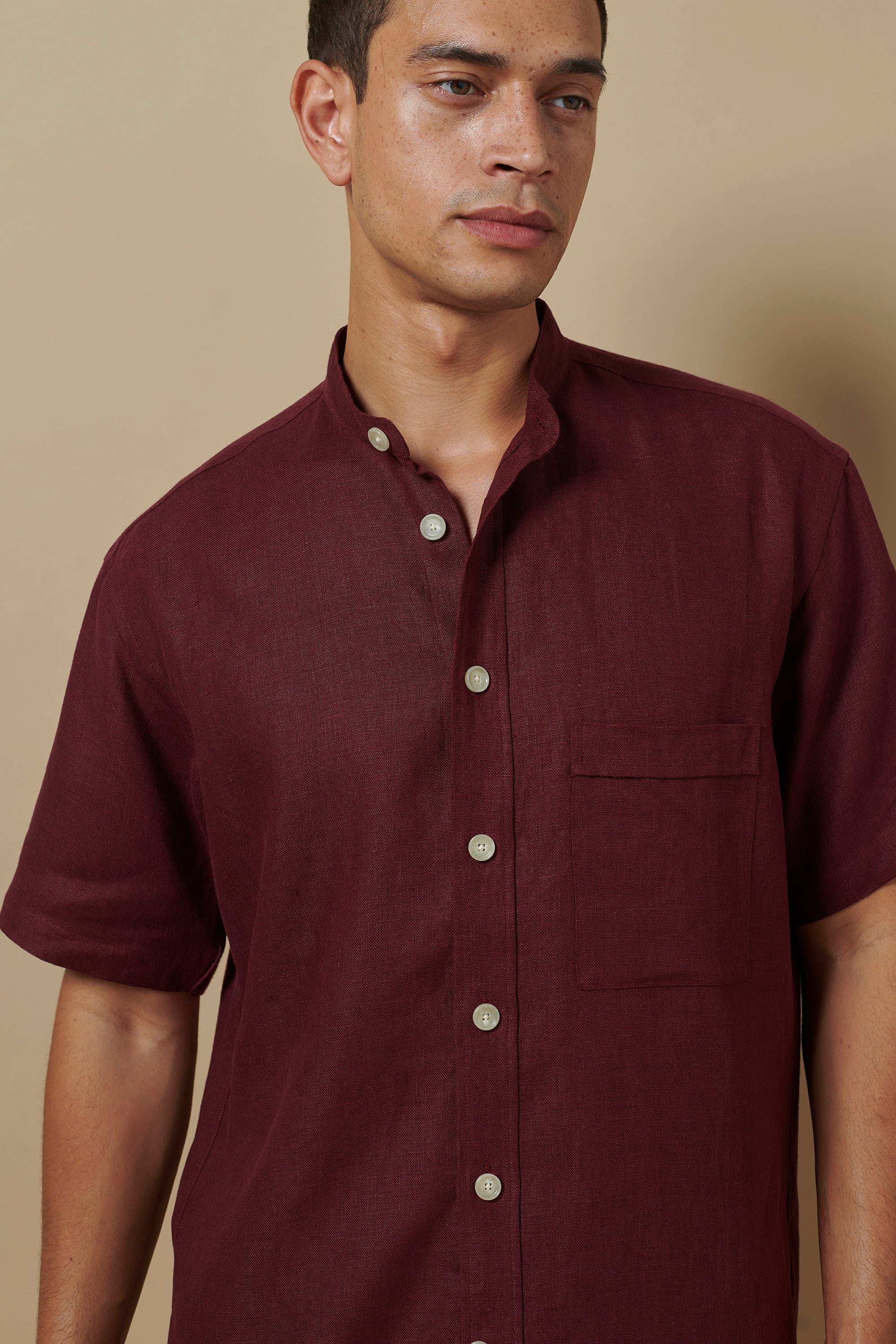 Linen Short Sleeve Utility Grandpa Wine Red