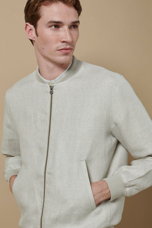 Linen Bomber Jacket Ecru Houndstooth