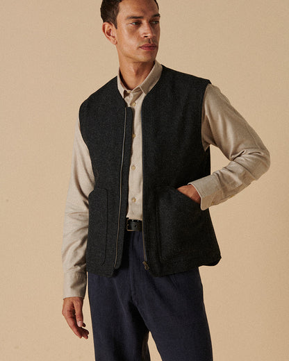 Heavy Wool Gilet Charcoal Herringbone