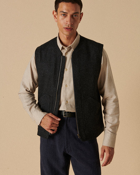 Heavy Wool Gilet Charcoal Herringbone
