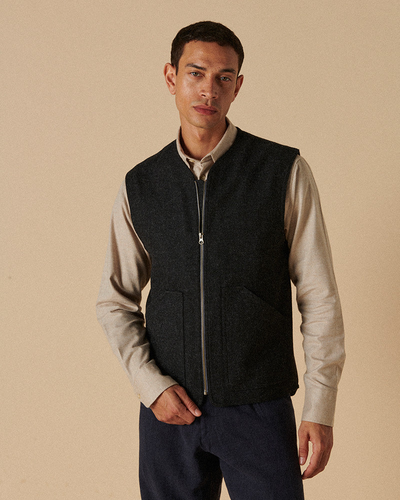 Heavy Wool Gilet Charcoal Herringbone