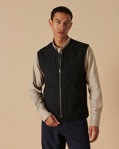 Heavy Wool Gilet Charcoal Herringbone