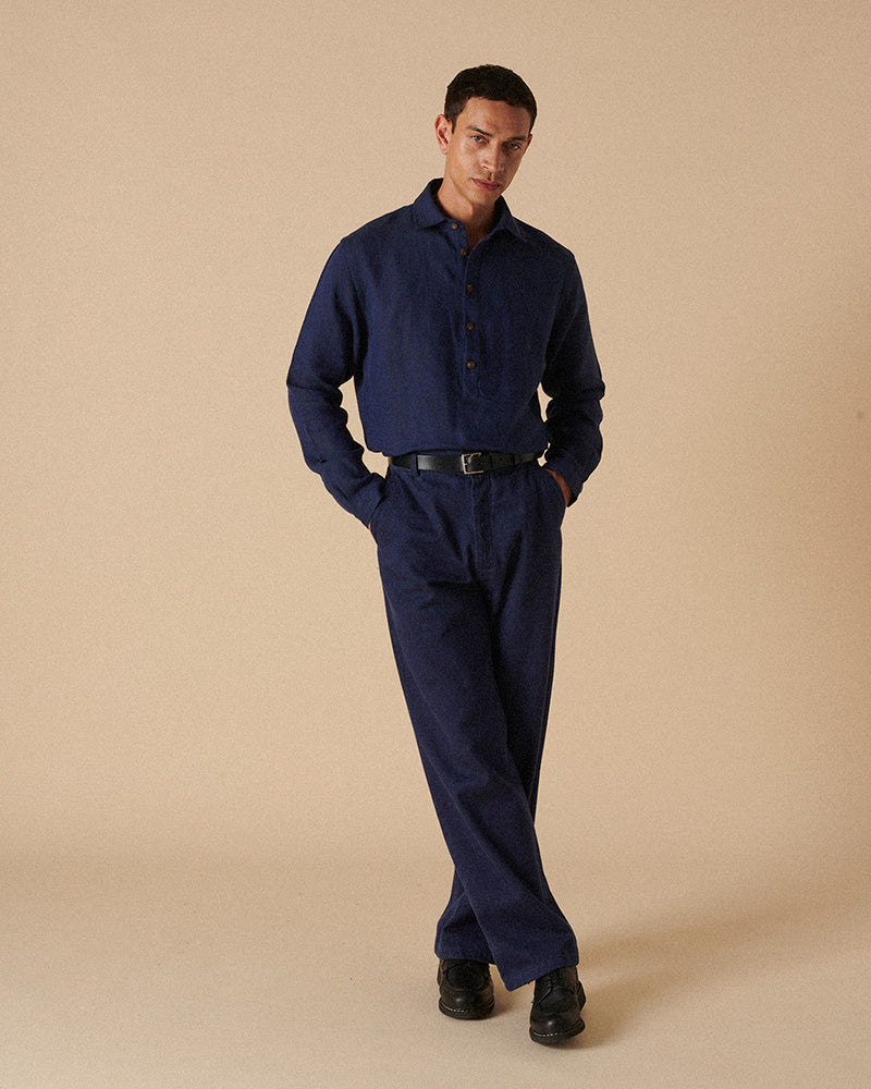 Heavy Linen Long Sleeve Smock Navy Yarn-Dye