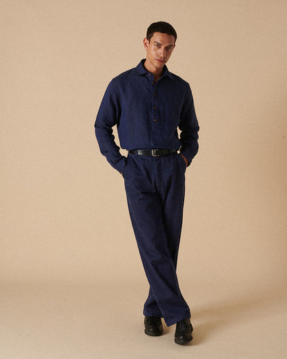 Heavy Linen Long Sleeve Smock Navy Yarn-Dye
