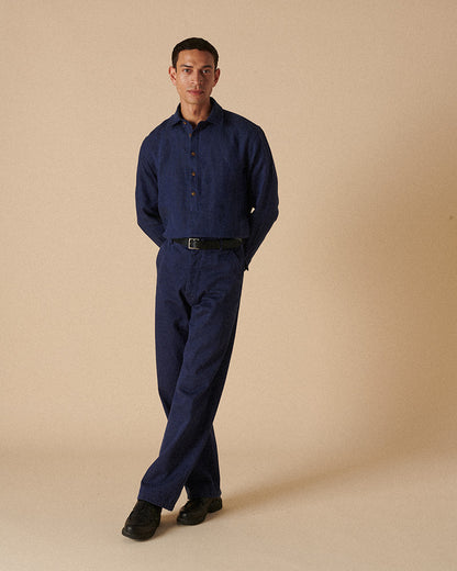 Heavy Linen Long Sleeve Smock Navy Yarn-Dye