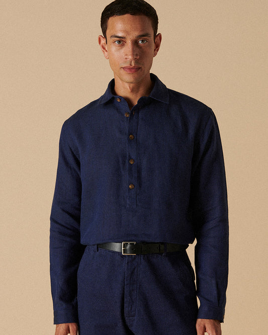 Heavy Linen Long Sleeve Smock Navy Yarn-Dye