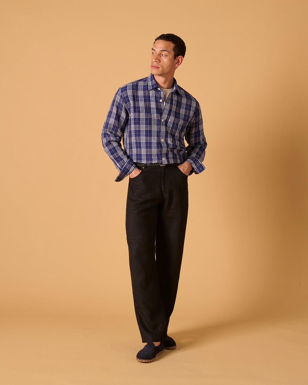 Heavy Linen Long Sleeve Utility Overshirt Bevington Check