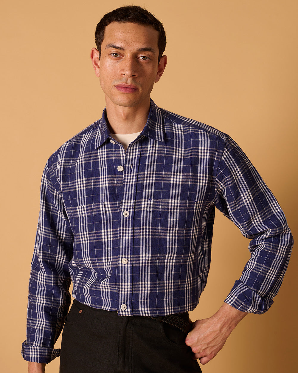 Heavy Linen Long Sleeve Utility Overshirt Bevington Check