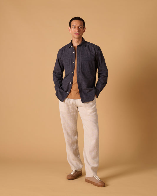 Cotton/Silk Long Sleeve Utility Overshirt Noil Denim