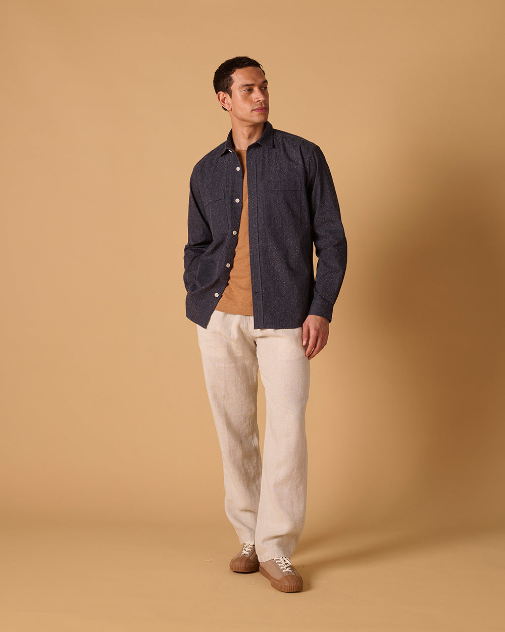 Cotton/Silk Long Sleeve Utility Overshirt Noil Denim