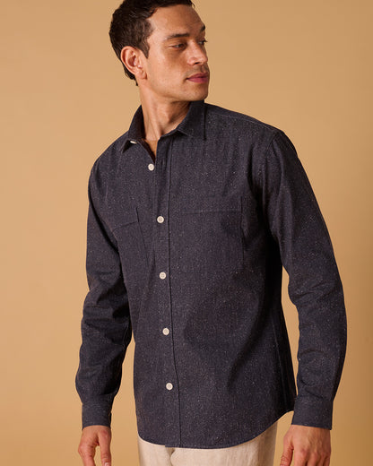 Cotton/Silk Long Sleeve Utility Overshirt Noil Denim
