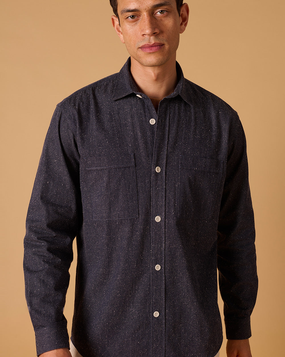 Cotton/Silk Long Sleeve Utility Overshirt Noil Denim