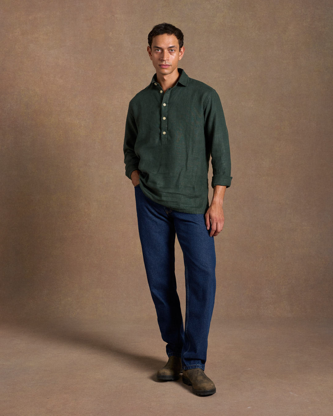 Heavy Linen Long Sleeve Smock Forest Green