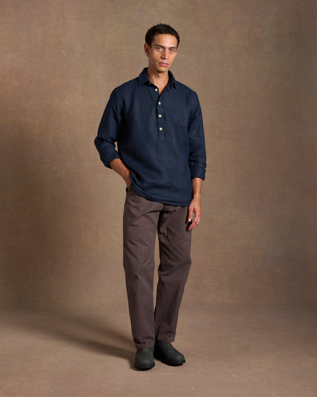 Heavy Linen Long Sleeve Smock Midnight