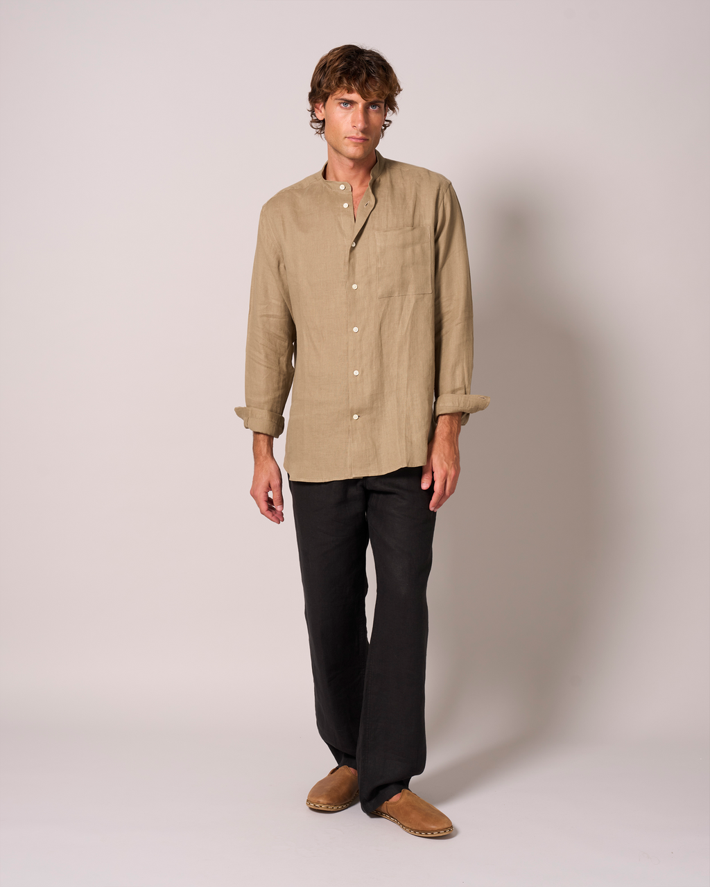 Linen Grandpa Shirt Light Khaki