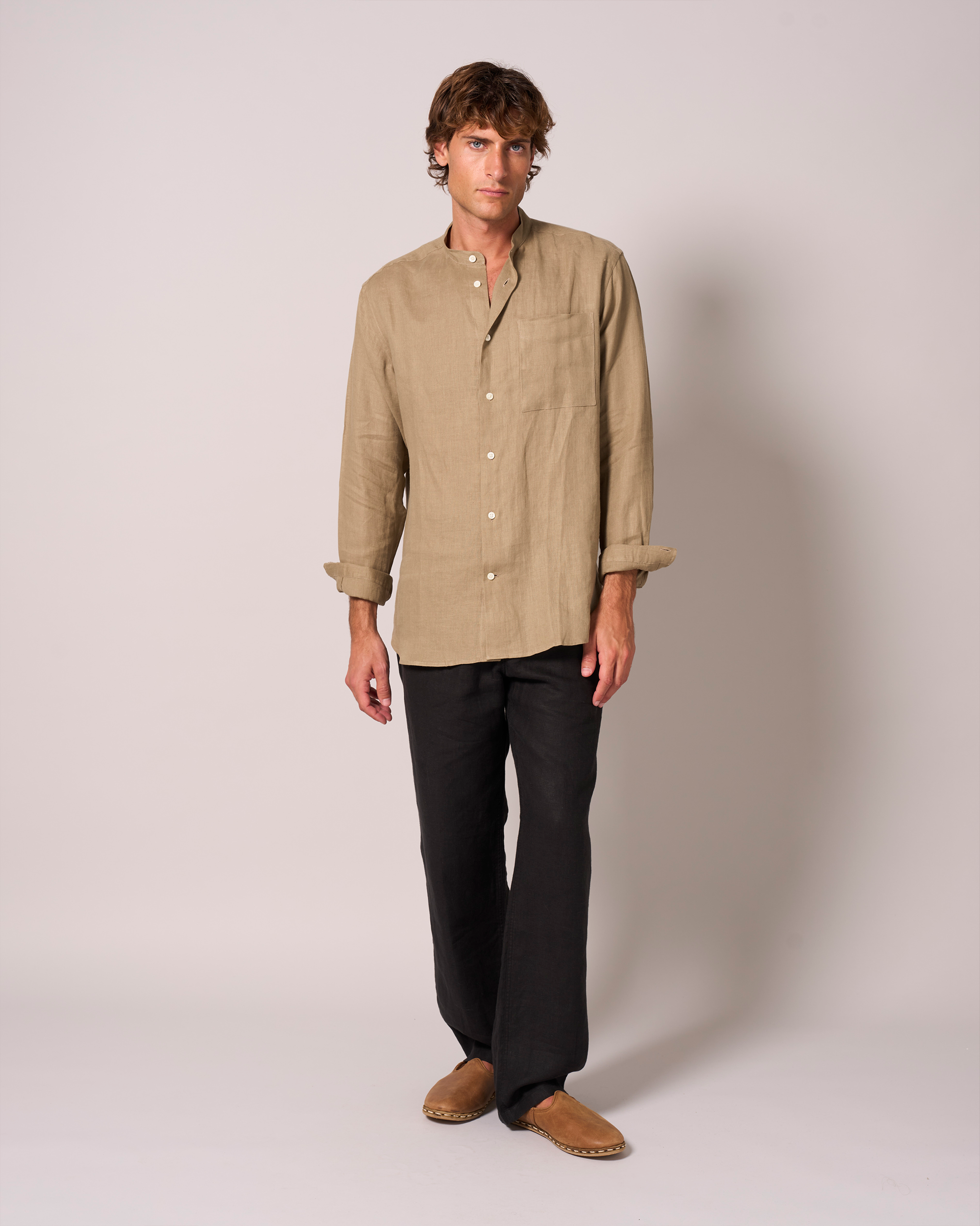 Linen Grandpa Shirt Light Khaki