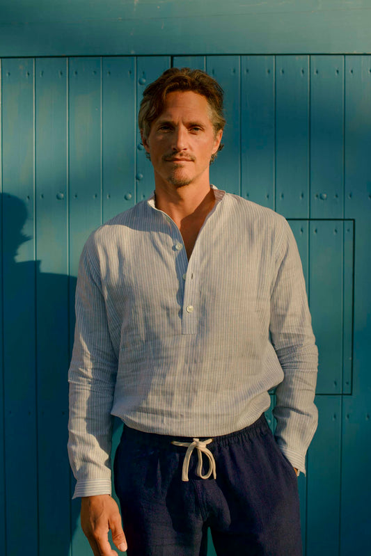 Linen Collarless Smock Errigal Stripe