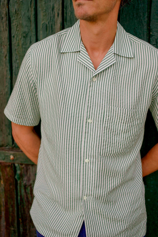 Tencel Cuban Shirt Green Stripe