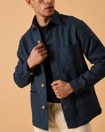 Heavy Linen Railway Jacket French Blue