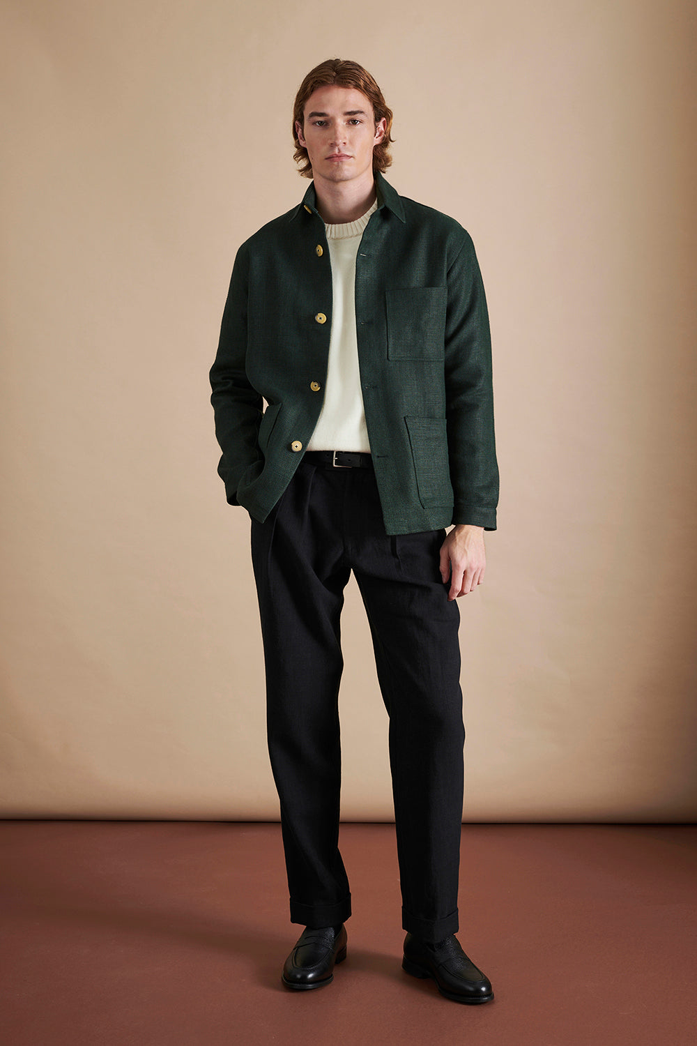 Heavy Linen Railway Jacket Forest Green