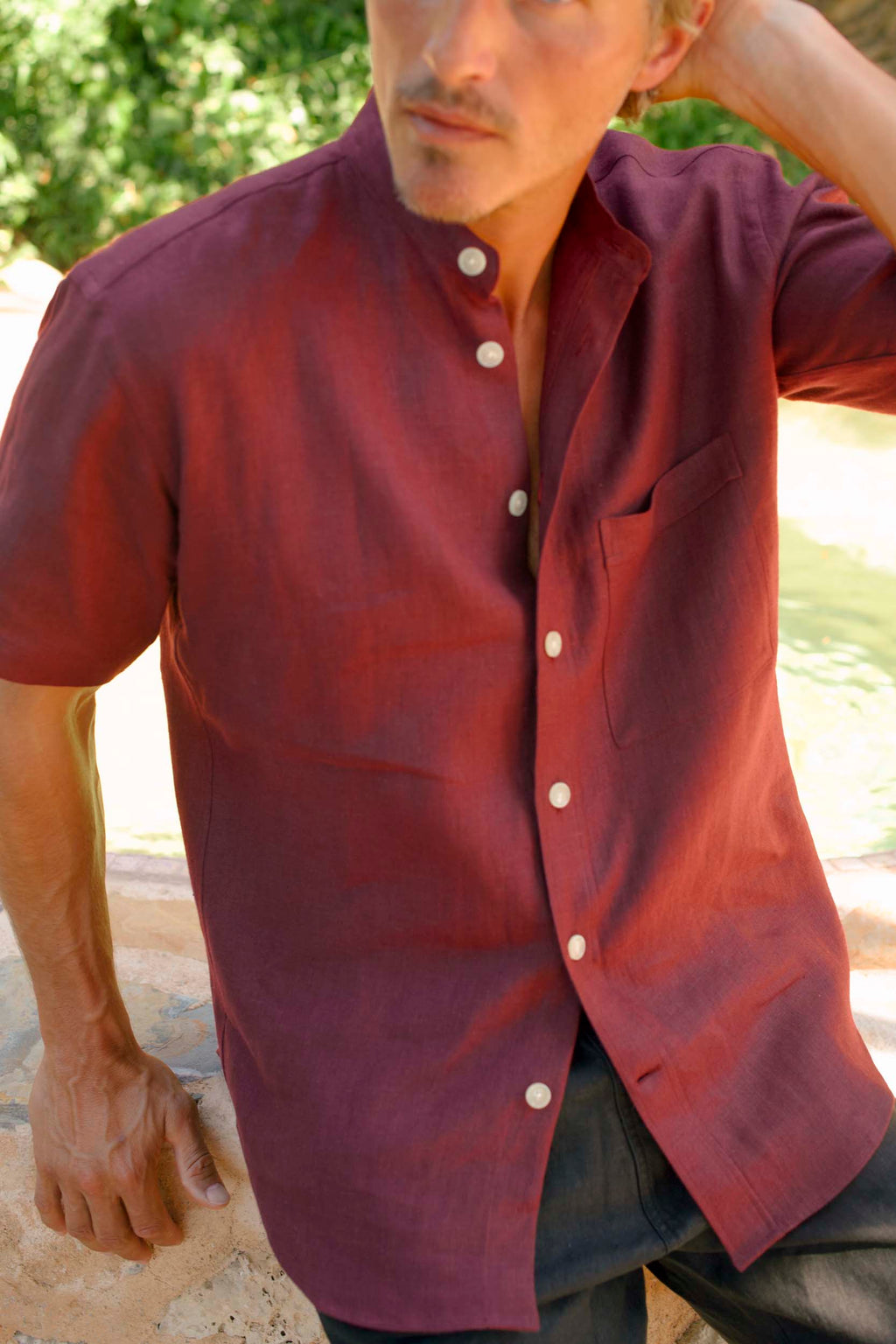 Linen Short Sleeve Utility Grandpa Wine Red