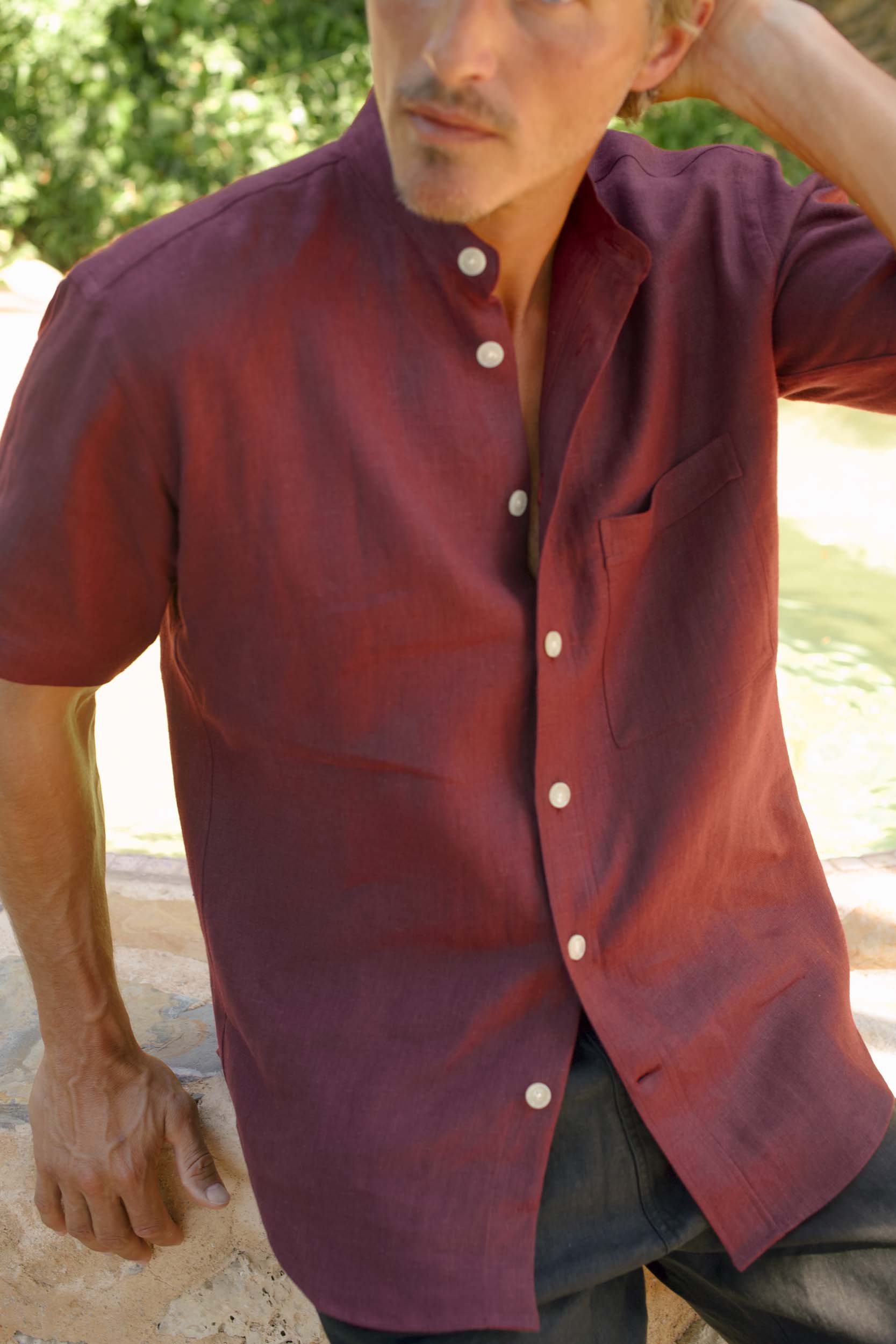 Linen Short Sleeve Utility Grandpa Wine Red