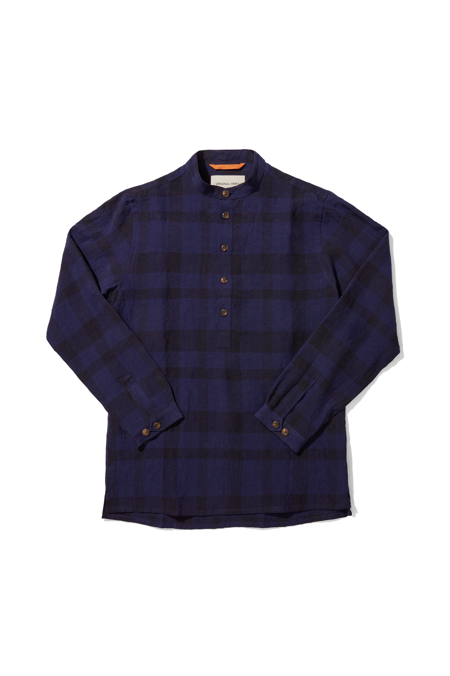 Heavy Linen Collarless Smock Indigo Check