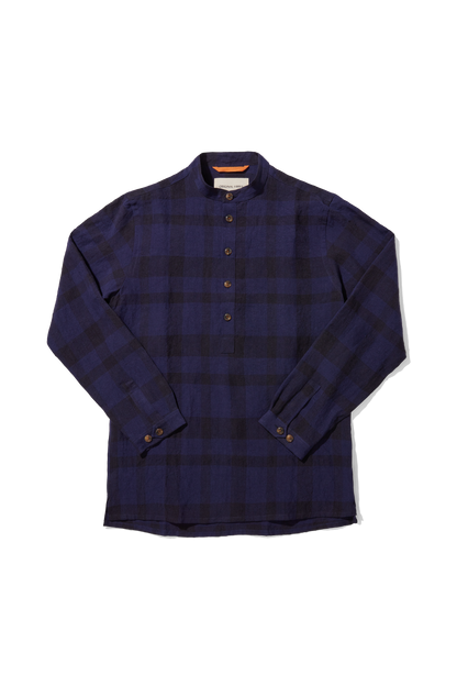 Heavy Linen Collarless Smock Indigo Check