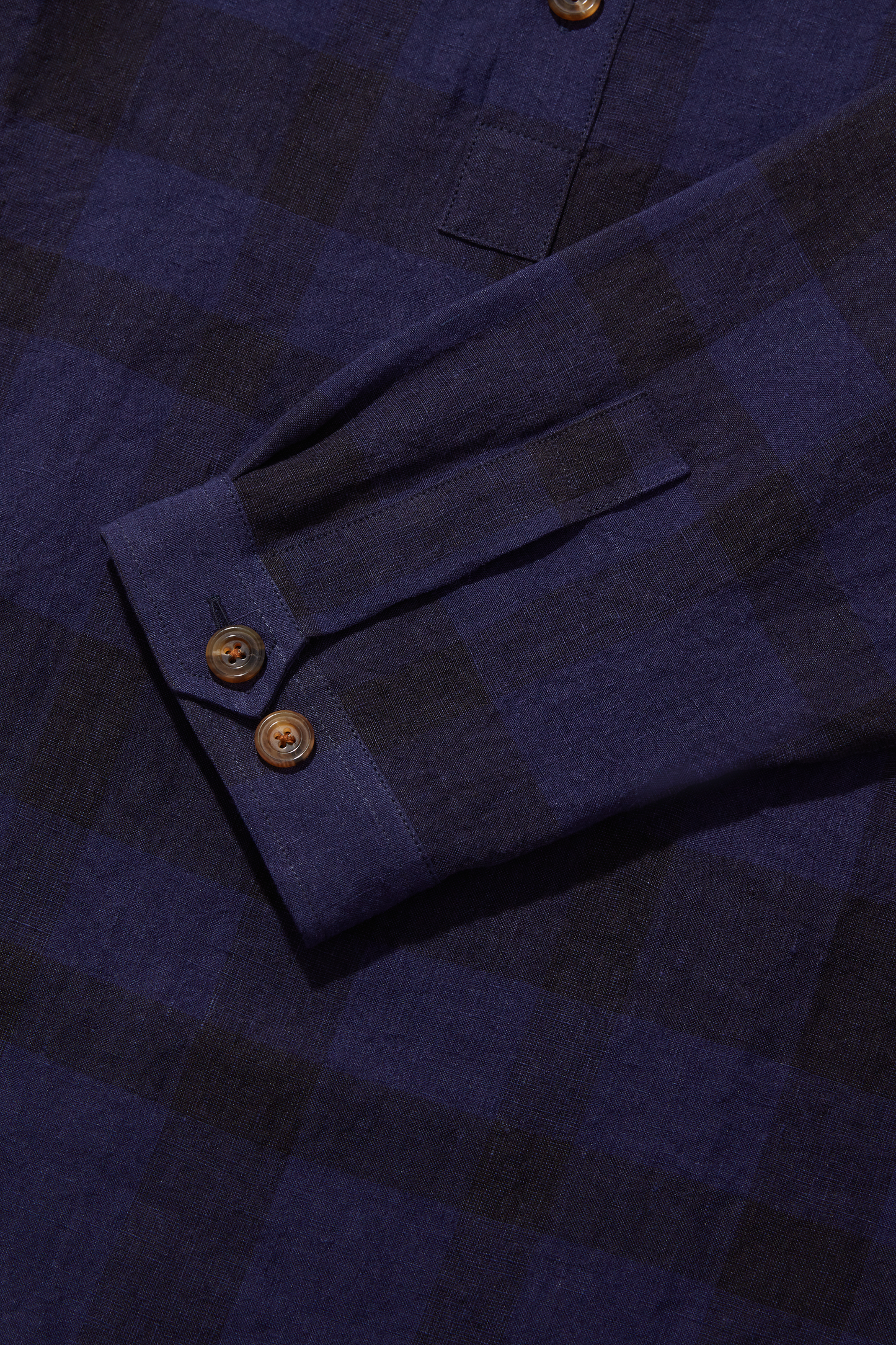 Heavy Linen Collarless Smock Indigo Check