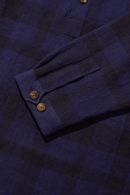 Heavy Linen Collarless Smock Indigo Check