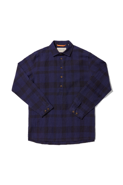 Heavy Linen Long Sleeve Smock Indigo check