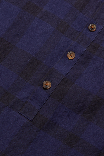 Heavy Linen Long Sleeve Smock Indigo check